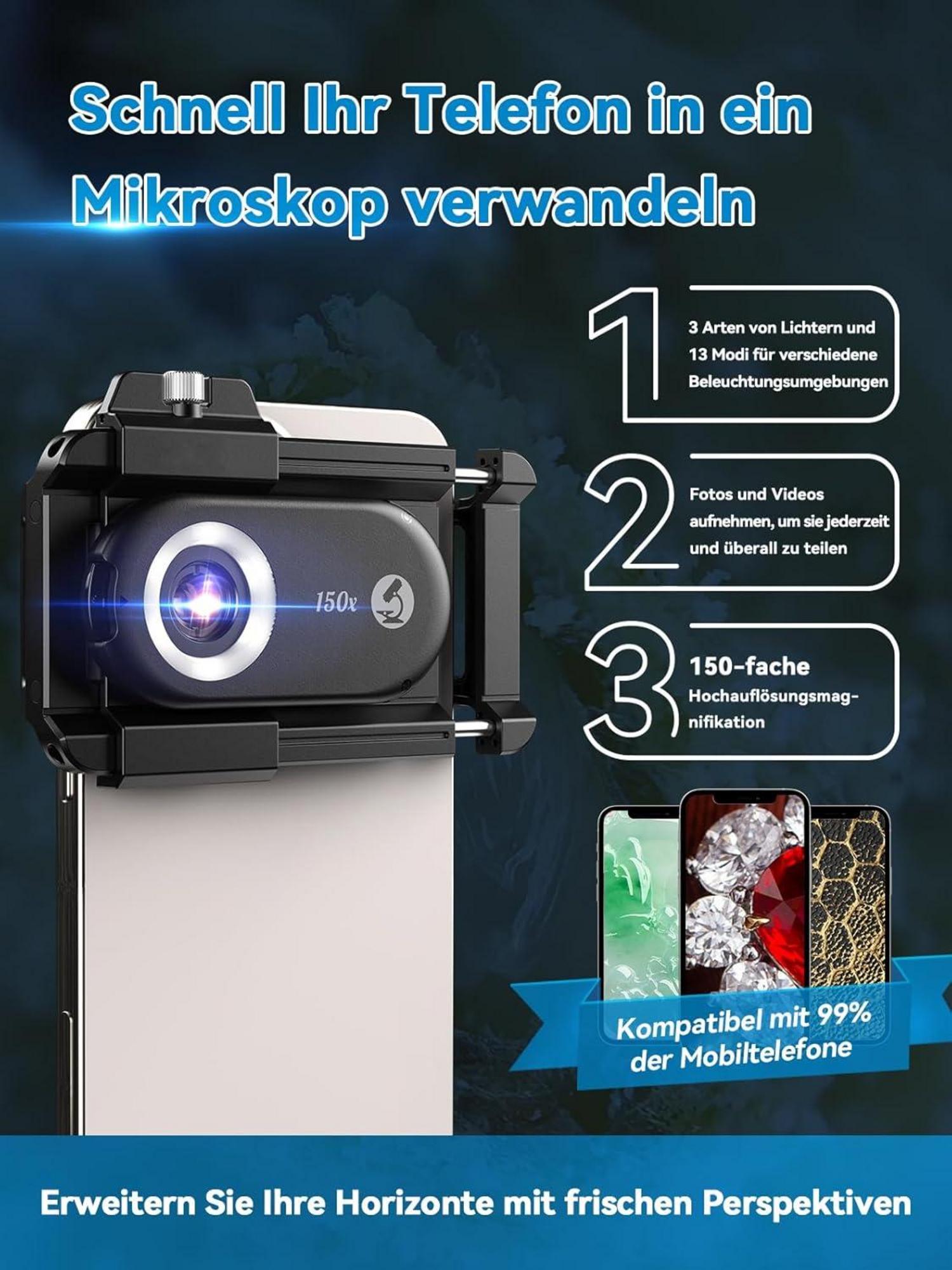 APEXEL 150X Mini-Mikroskop für Smartphone-Kamera LED-Helligkeit Zoom
