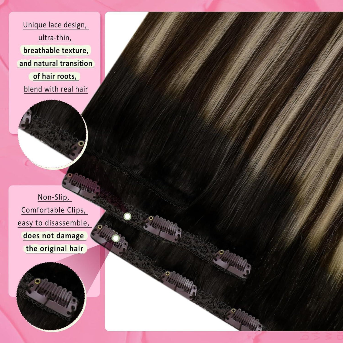 Clip-in Echthaar Extensions Schwarz Braun Blond 55cm