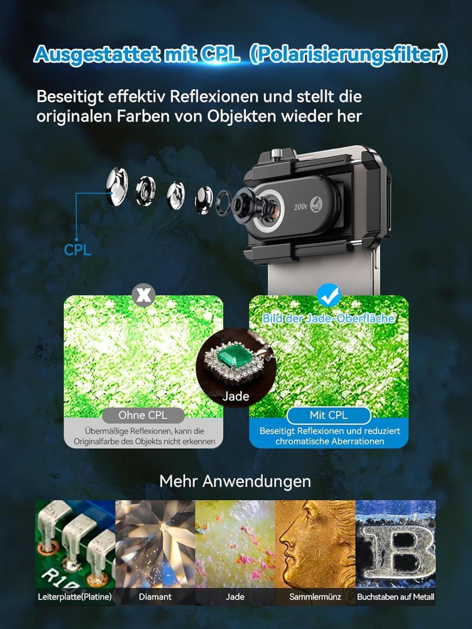 APEXEL 3in1 Mini-mikroskop für Smartphone-Kamera - LED-Lichter & CPL-Filter - 100X, 150X, 200X Vergrößerung