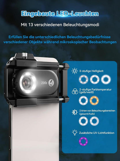 APEXEL 3-in-1 Mini-Mikroskop LED Smartphone Mikrokosmos 100-200X