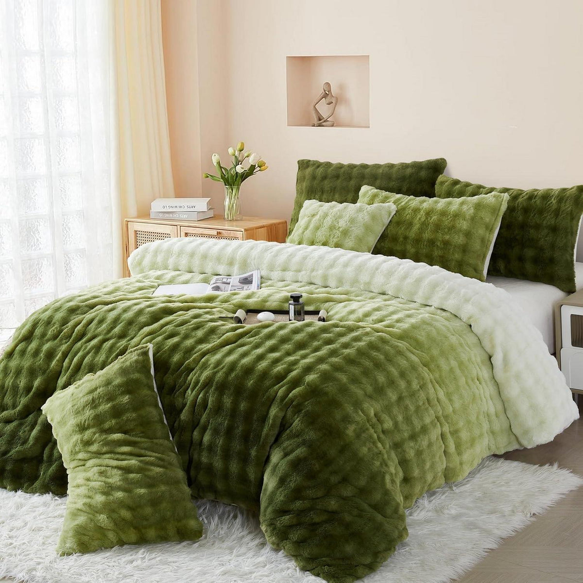 Langhaar Plüsch Bettwäsche Set 200x220 Grün, Superweich & Warm