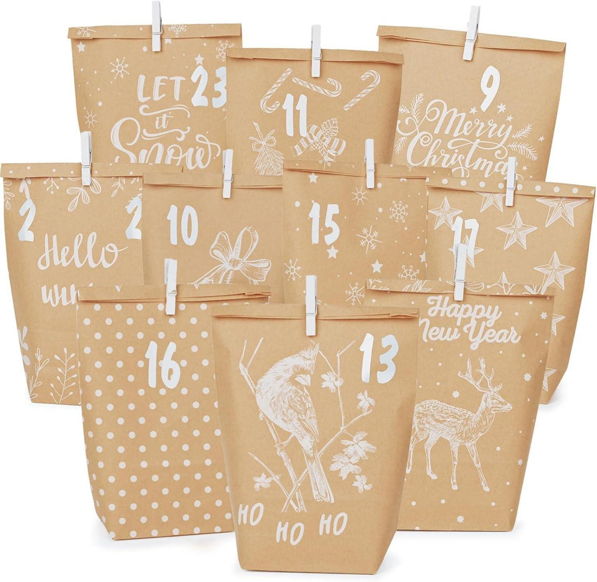 Adventskalender Tüten zum Befüllen mit Zahlenaufkleber und Klammern