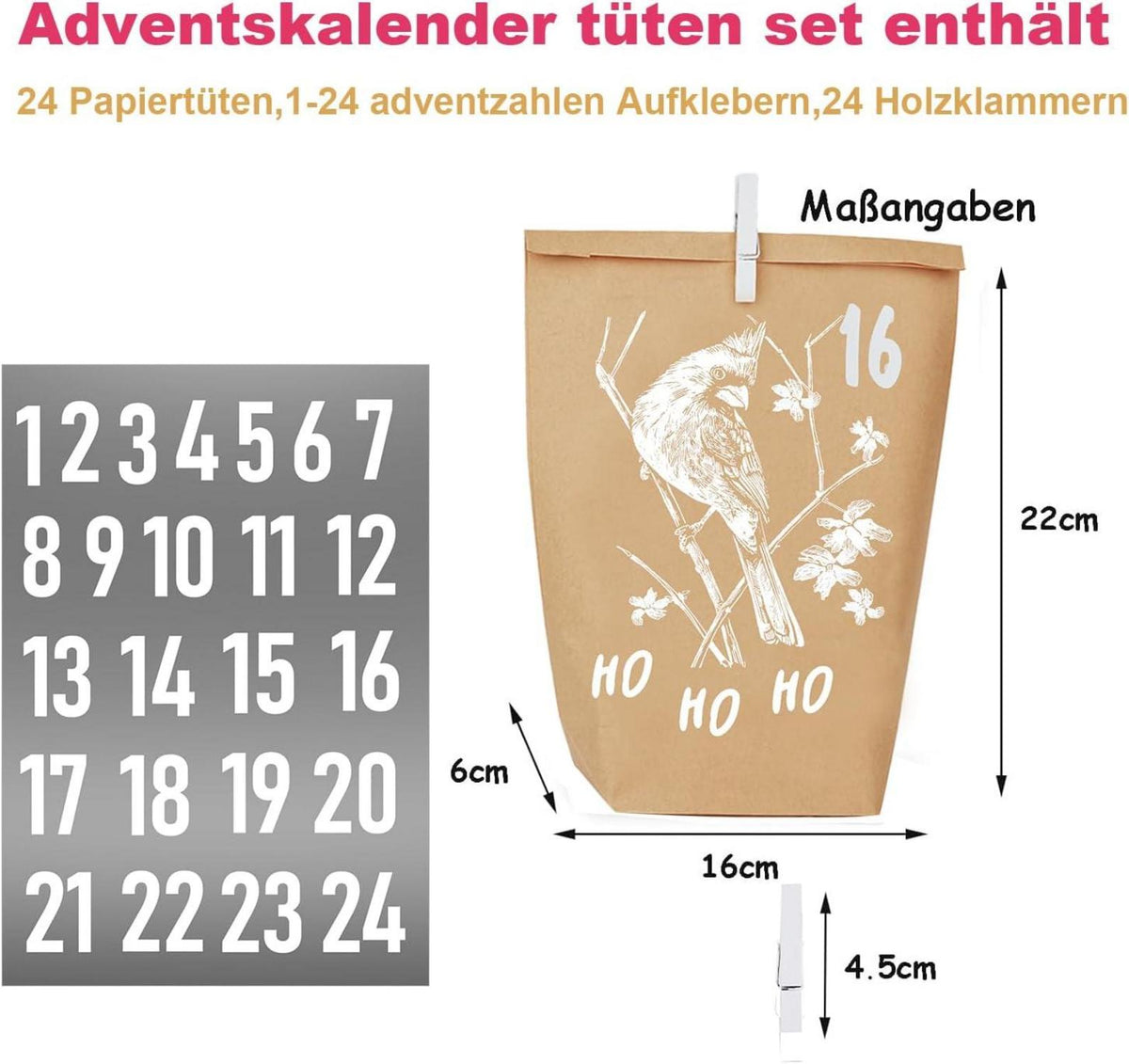 Adventskalender Tüten 24er Set Weihnachtsmotiv Kraftpapier