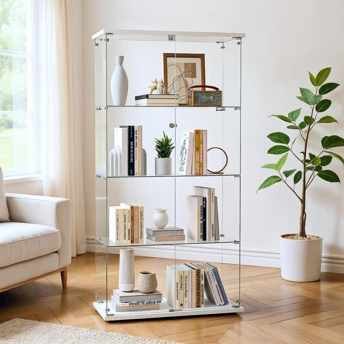Glasvitrine Standvitrine mit Schloss & 4 Fächern (Weiß)