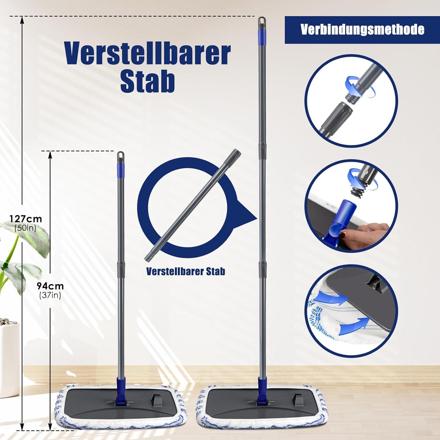 Myiosus Wischmopp Set mit 127cm Teleskopstielk, 5 Mikrofaser Pads