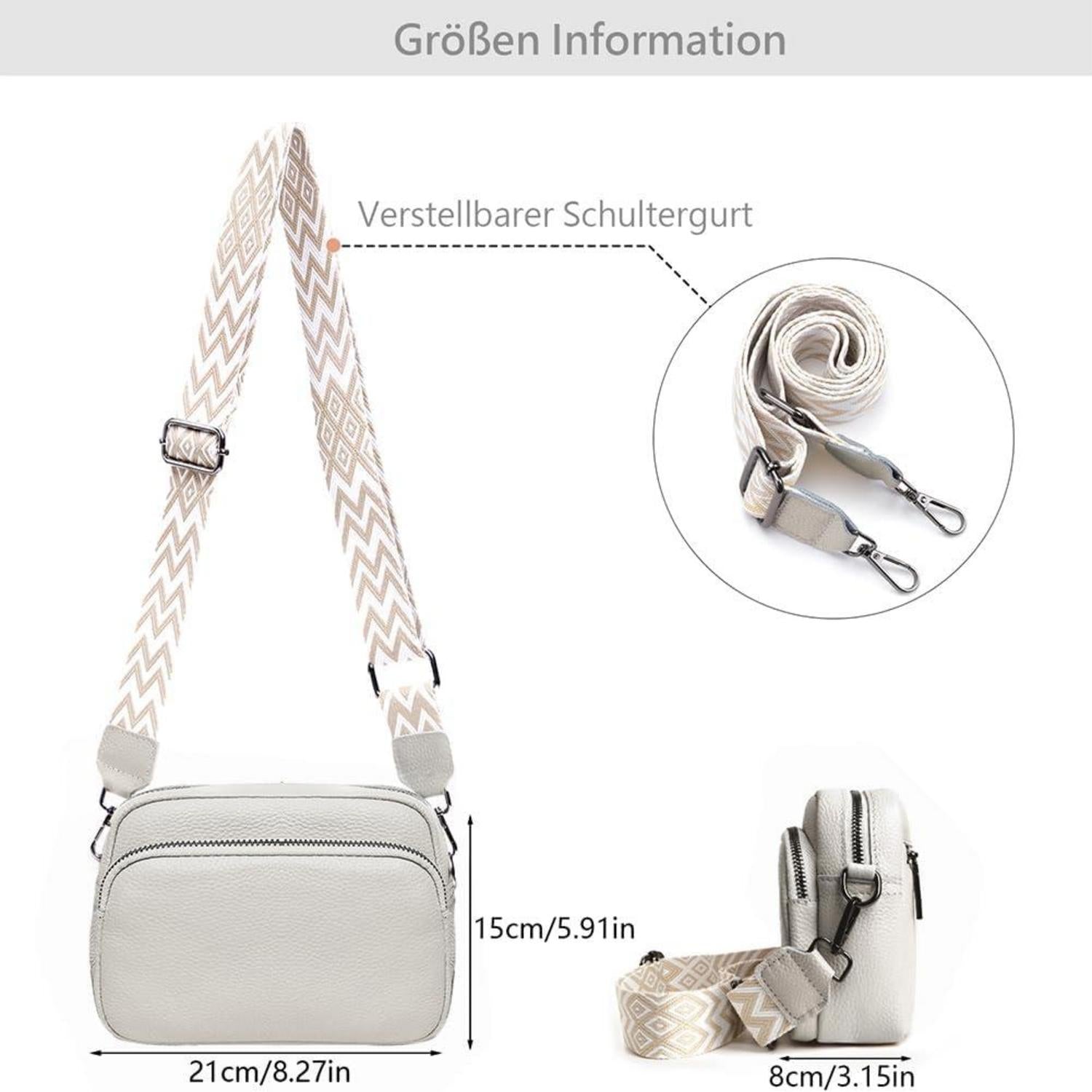 Damen Echtes Leder Umhängetasche mit Breitem Schultergurt und 3
