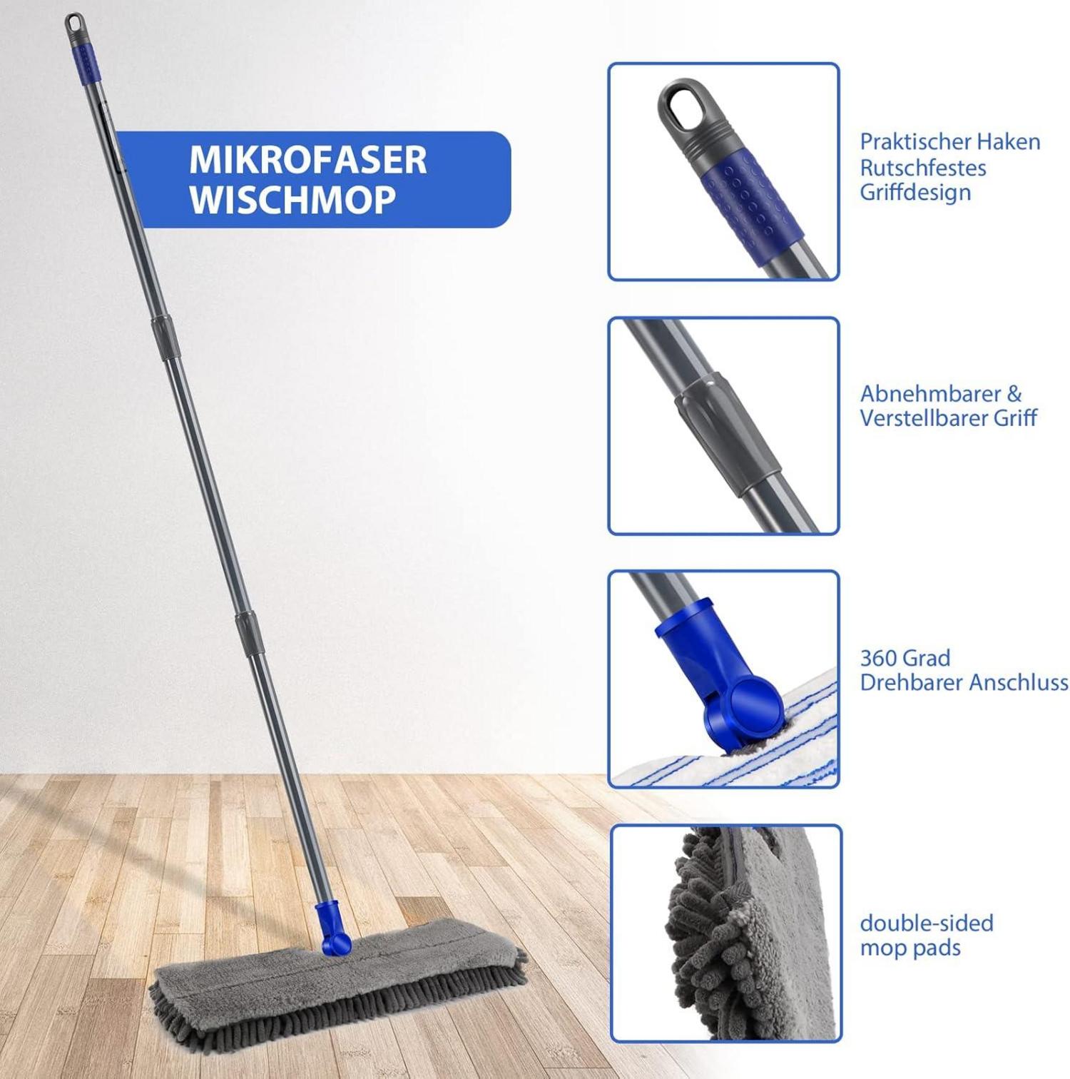 Myiosus Wischmopp Chenille 4 Doppelseitige Wischpads 127cm 360° Drehkopf Mikrofaser Set Hartholz Laminat Fliesen Schaber