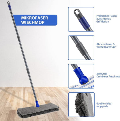 Myiosus Wischmopp Chenille 4 Doppelseitige Wischpads 127cm 360° Drehkopf Mikrofaser Set Hartholz Laminat Fliesen Schaber
