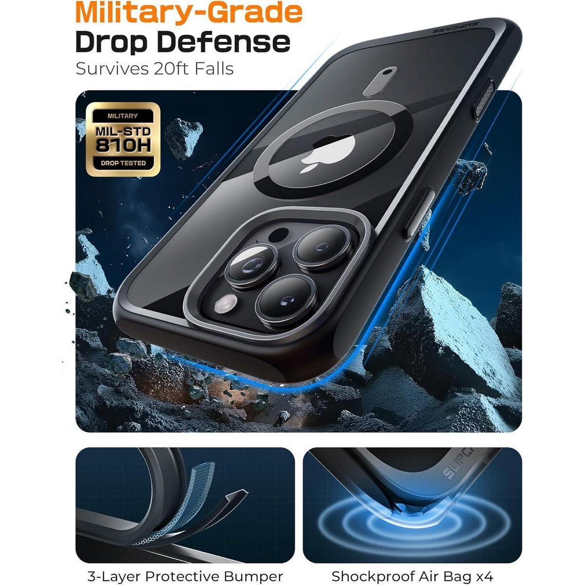 iPhone 16 Pro Max Hülle MagSafe Transparent Militärschutz Schwarz