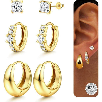3 Paar Ohrringe Silber/Gold 925 Sterling Silber Creolen & Stecker