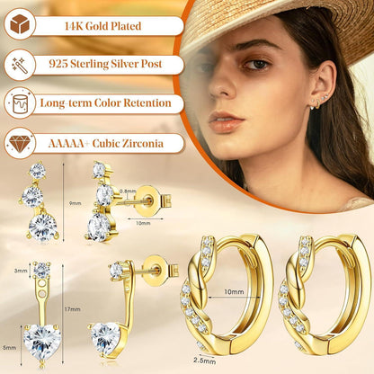 3 Paar Ohrringe Silber & Gold 925 Sterling Silber Creolen & Stecker