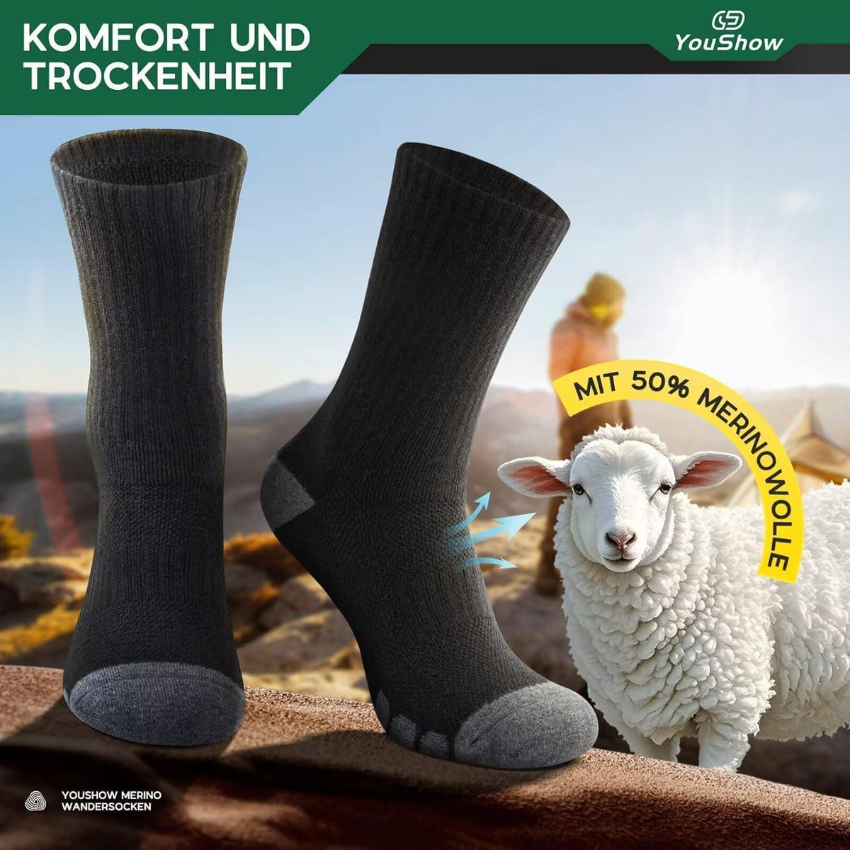 Wandersocken Merino 3er-Pack Schwarz 47-50 – Damen & Herren