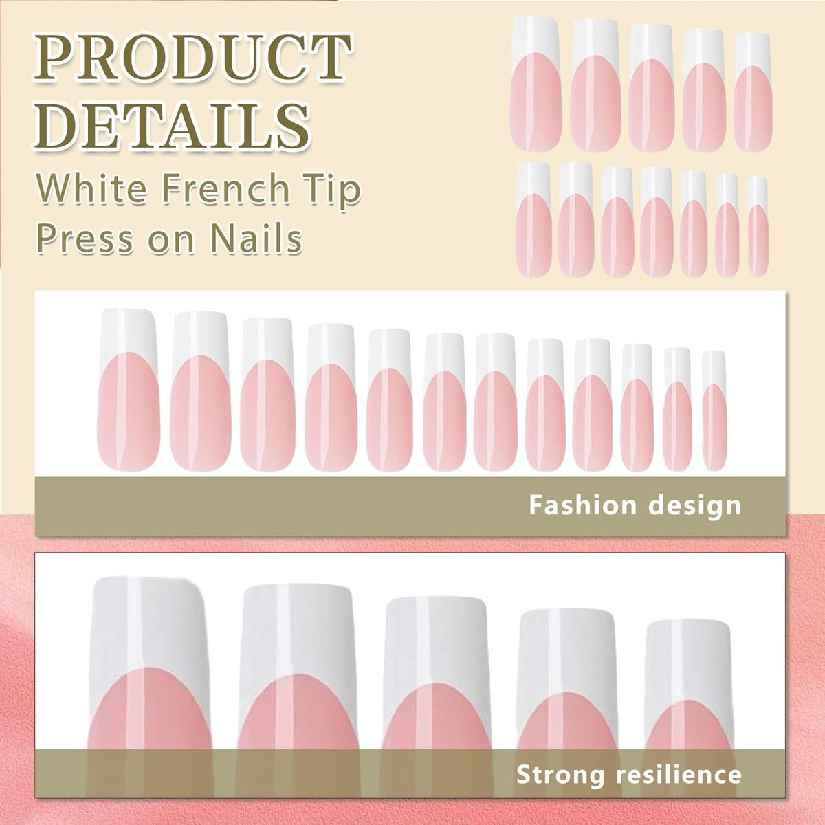 120er Set Lange Französische Press On Nails - Weiße Viereckige Falsch Nägel