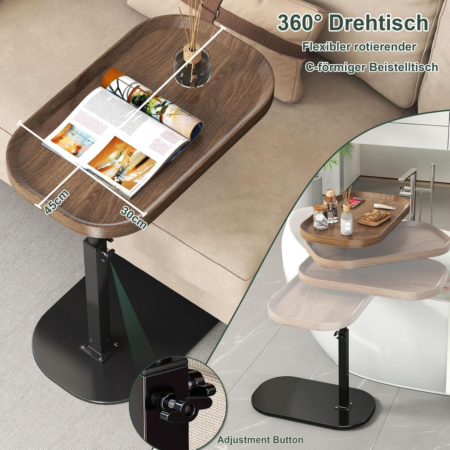 Beistelltisch C Form Höhenverstellbar 360° Drehbarer Couchtisch Wood