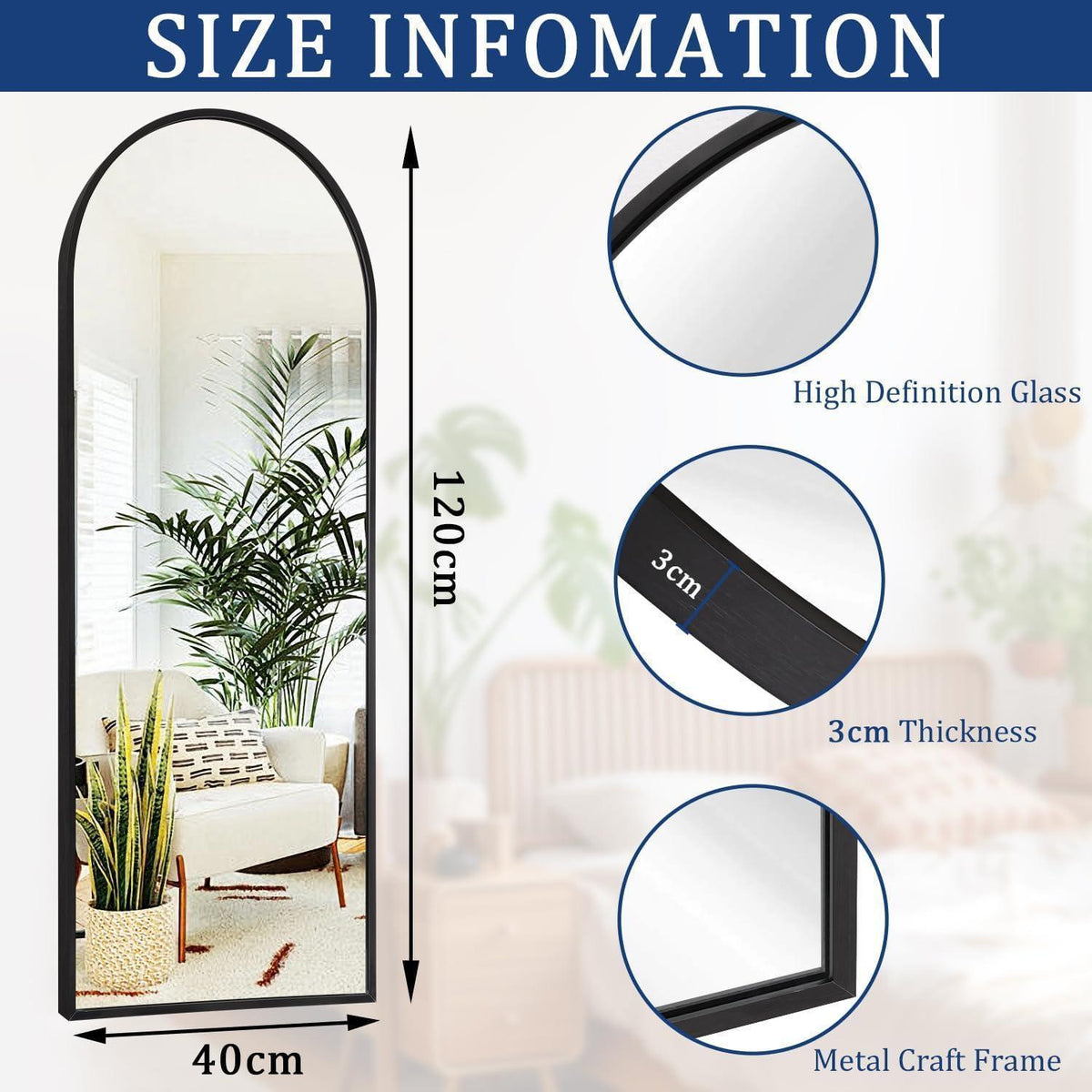 Gewölbter Wandspiegel Schwarz 120x40cm – Moderner Wohnzimmer Spiegel