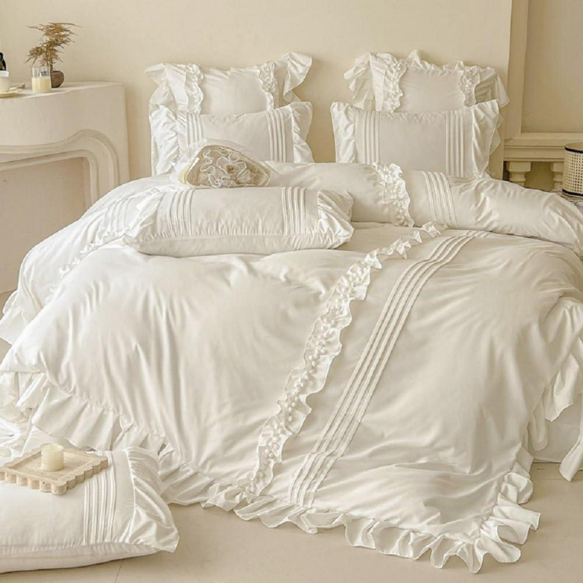Rüschen Bettwäsche Set 135x200 Weiß, 4-teilig