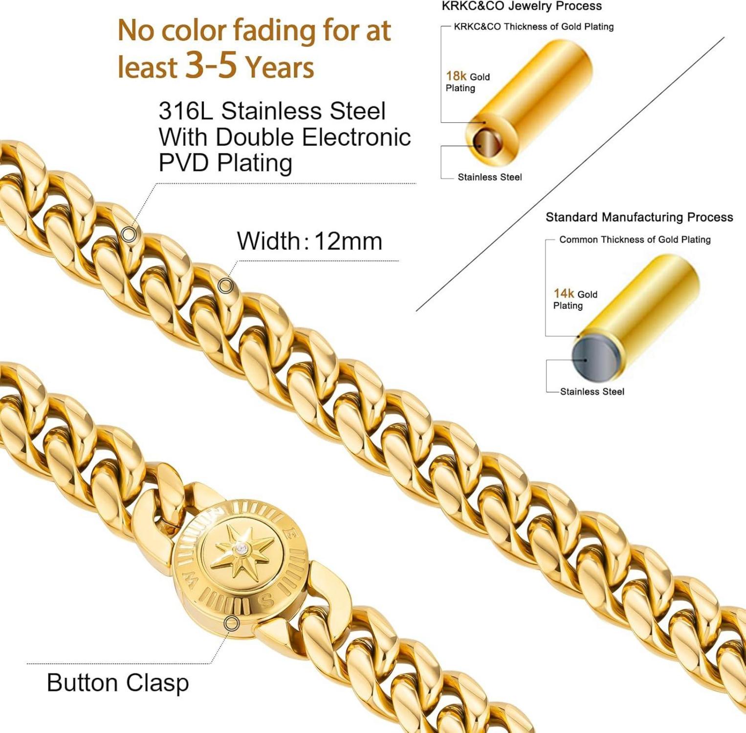 Herren Panzerkette mit Löwe/Totenkopf Verschluss, 18K Gold plattiert, Cuban Link Chain, Miami Kubanische Gliederkette, Hip Hop Halskette