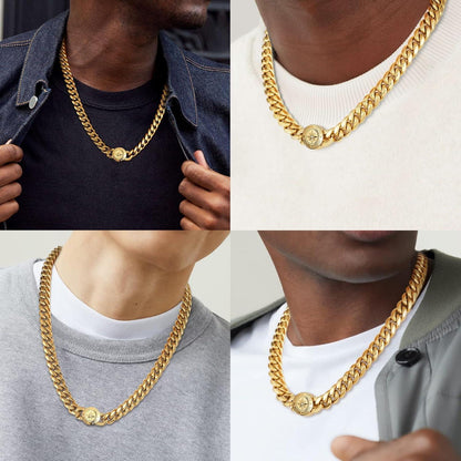 Herren Panzerkette mit Löwe/Totenkopf Verschluss, 18K Gold plattiert, Cuban Link Chain, Miami Kubanische Gliederkette, Hip Hop Halskette