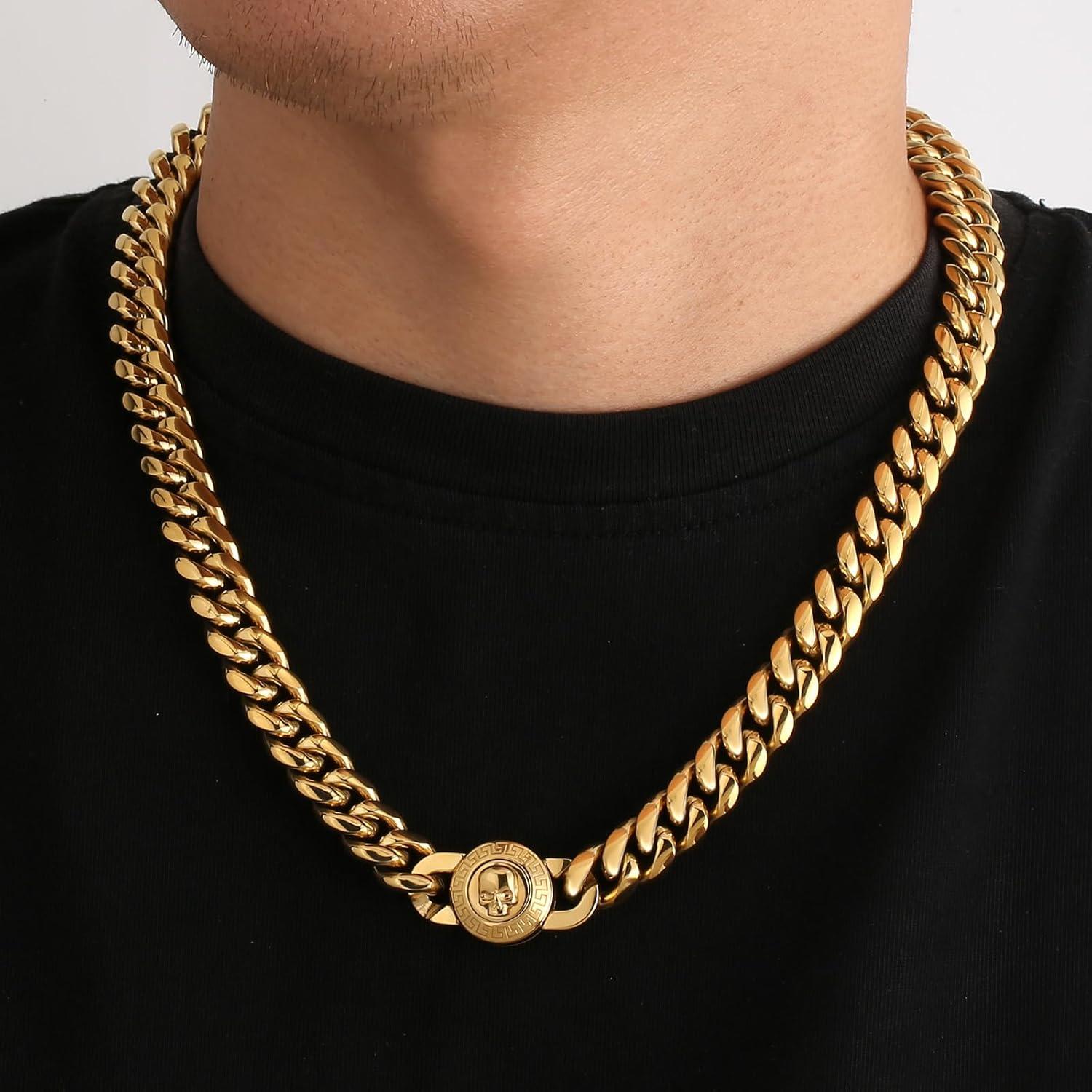 Herren Gold Panzerkette Cuban Link Chain 12mm Totenkopf