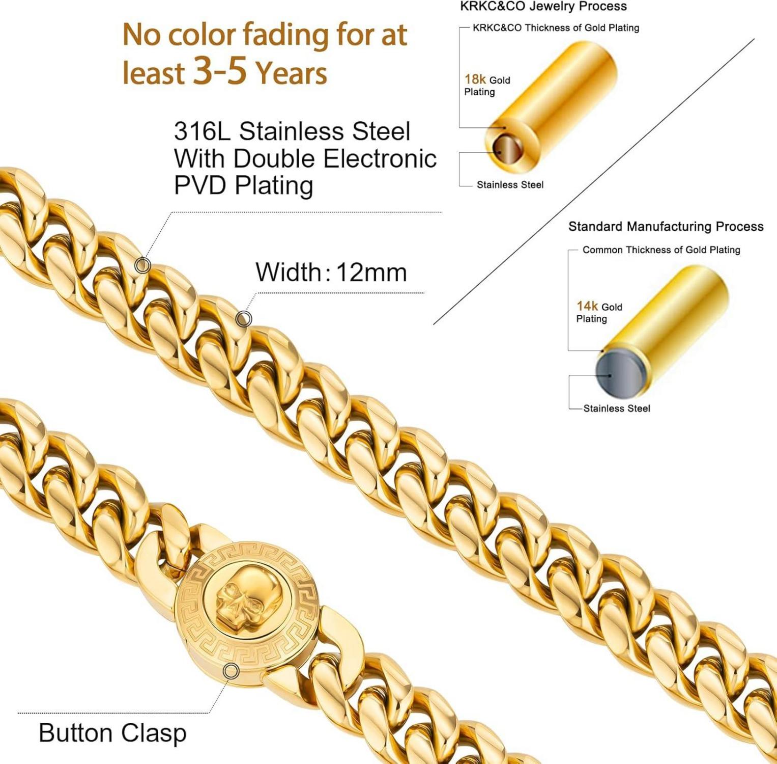 Herren Panzerkette mit Totenkopf-Verschluss, Cuban Link Chain, 18K Gold plattiert, 12mm, 50.8cm