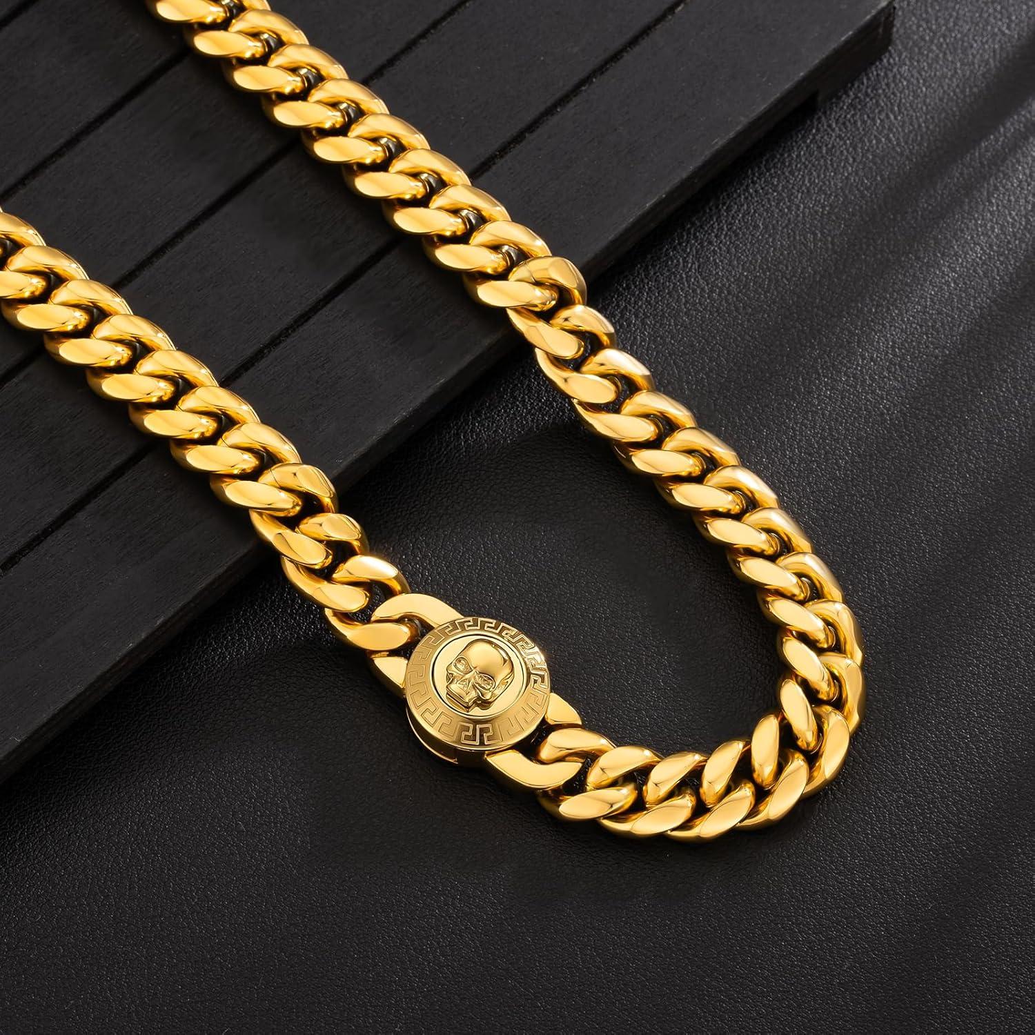 Herren Panzerkette 12mm Löwe Totenkopf 18K Gold Miami Cuban Link 50.8cm