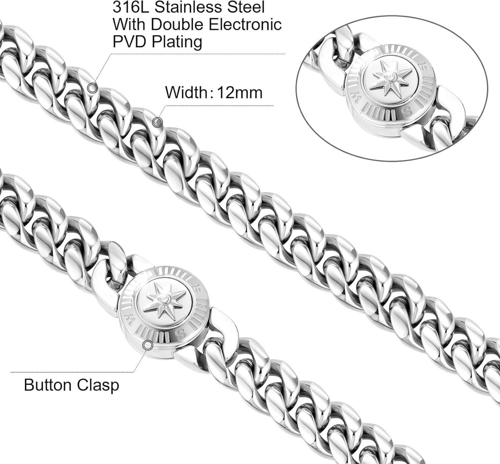Herren Panzerkette 12mm Cuban Link Chain, 18K Gold plattiert, Kompass Verschluss, 55.9cm Silber