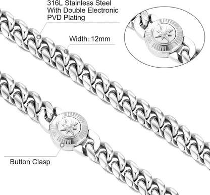 12mm Herren Panzerkette Löwe Totenkopf Verschluss 18K Gold plattiert Cuban Link Chain 61cm Silber