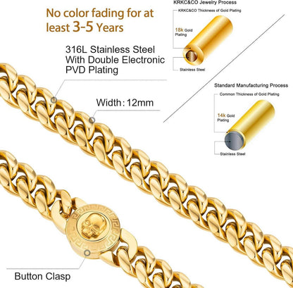 Herren Armband mit Löwe/Totenkopf Verschluss, 18K Gold beschichtet Panzerarmband 12mm