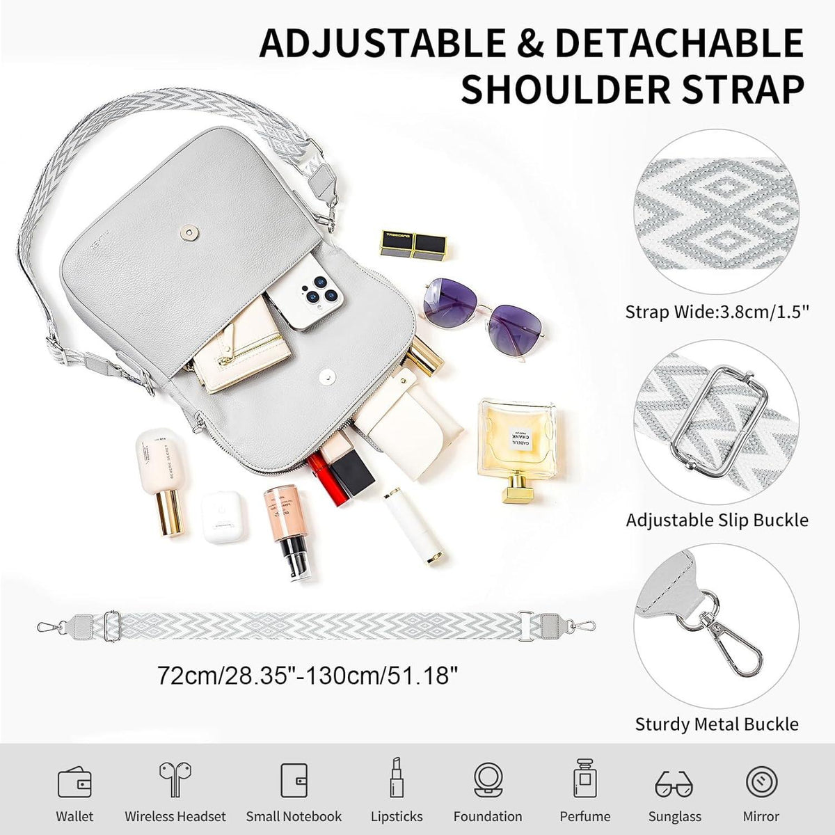 Umhängetasche Damen Verstellbarer Breiter Gurt Crossbody Leder Schultertasche