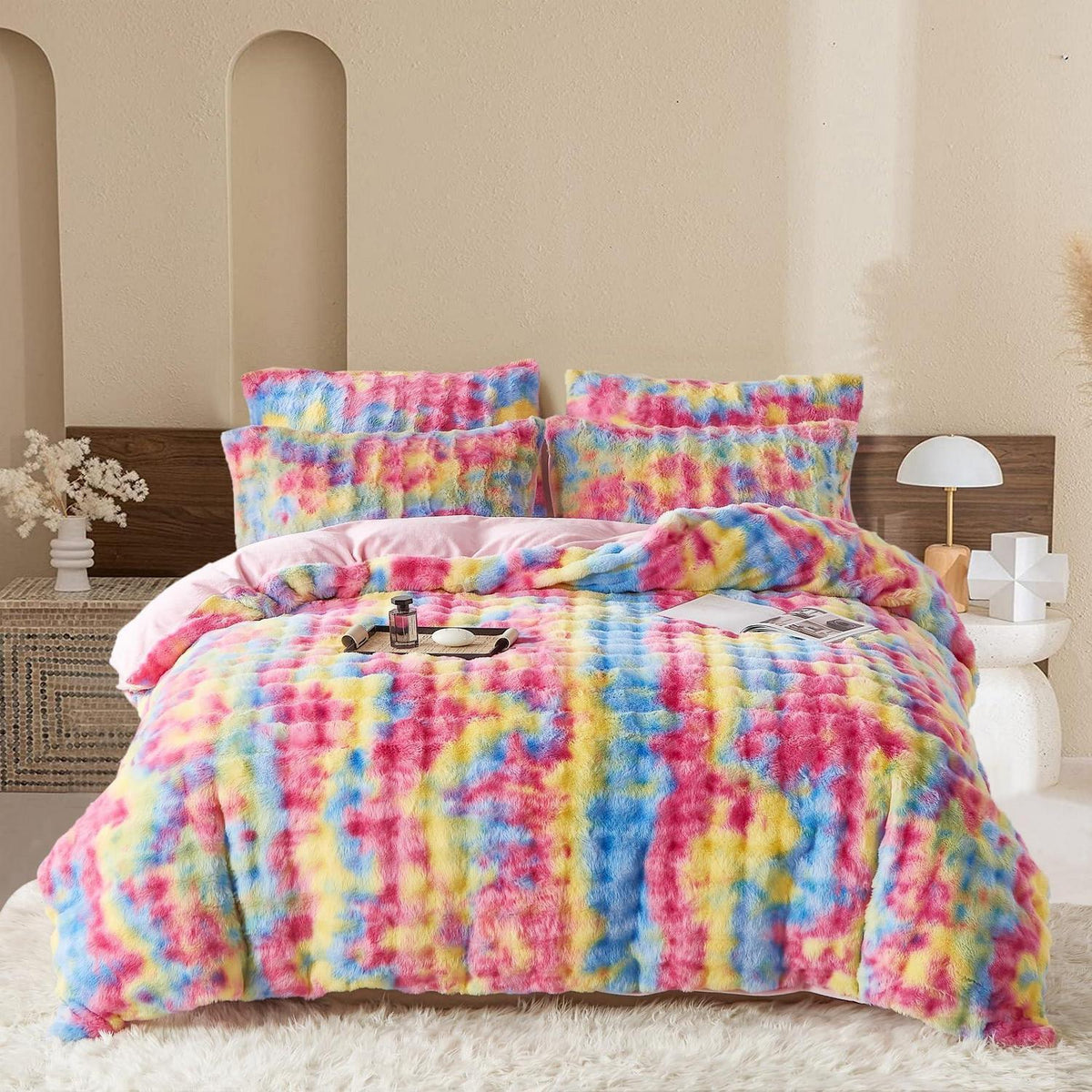 Plüsch Bettwäsche Set Winterwarm Regenbogen Bunt 220x240 cm