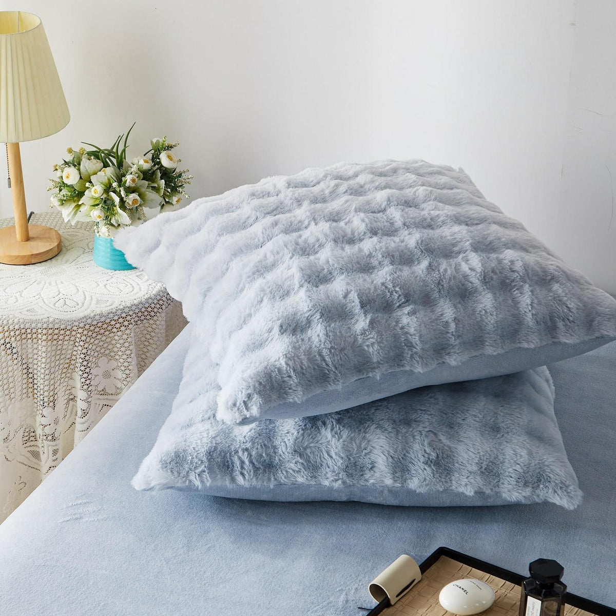 Langhaar Plüsch Bettwäsche Set 200x220 Grau Blau Winterwarm