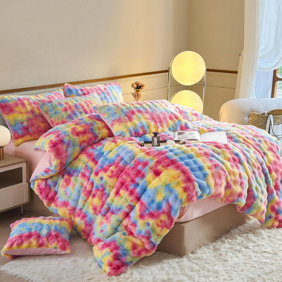 Plüsch Bettwäsche Set 200x200 Winterwarm Regenbogen Bunt
