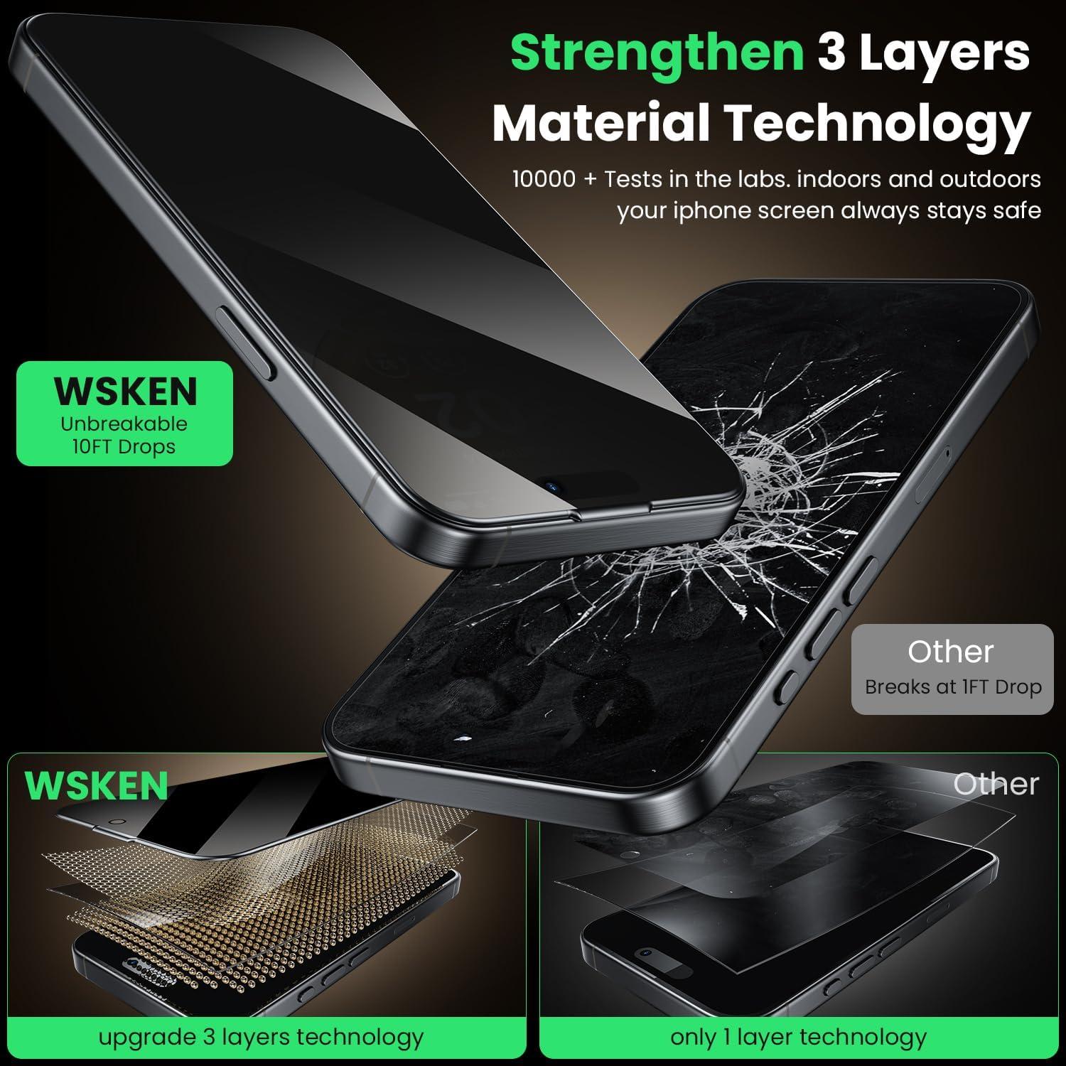 WSKEN iPhone 16 Plus 15 Plus Panzerglas Privacy Schutzfolie 9H Härte