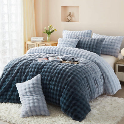 Flauschige Plüsch Bettwäsche 135x200 Grau Blau Winter Set