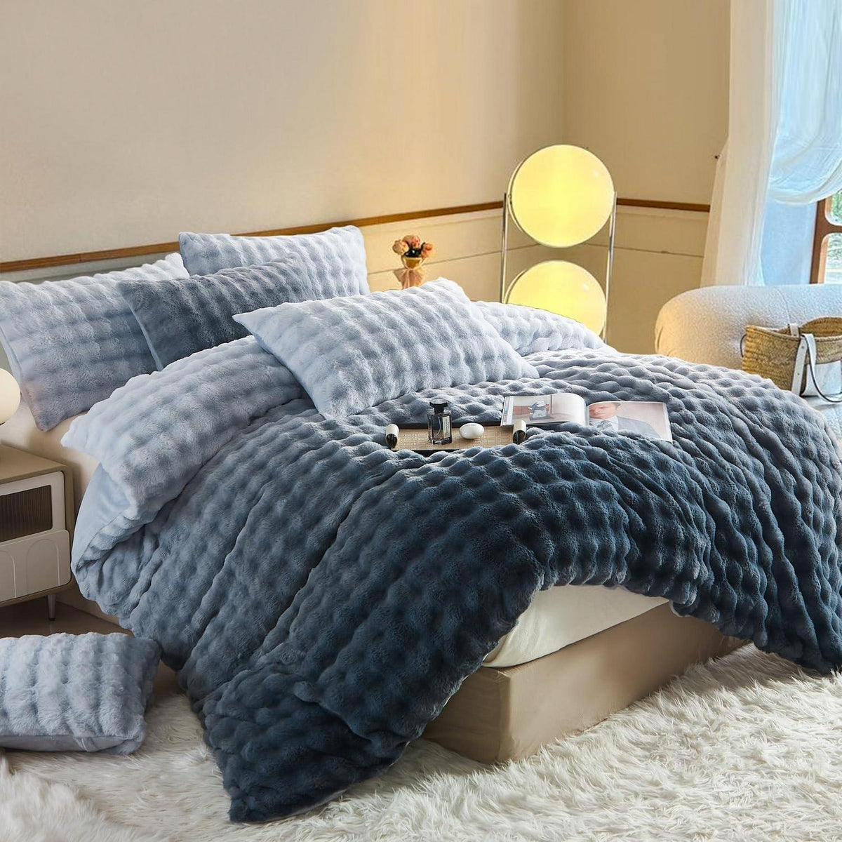 Langhaar Plüsch Bettwäsche Set 220x240 Grau Blau Winterwarm