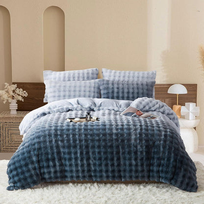 Langhaar Plüsch Bettwäsche Set 200x200 - Grau Blau Winterwarm