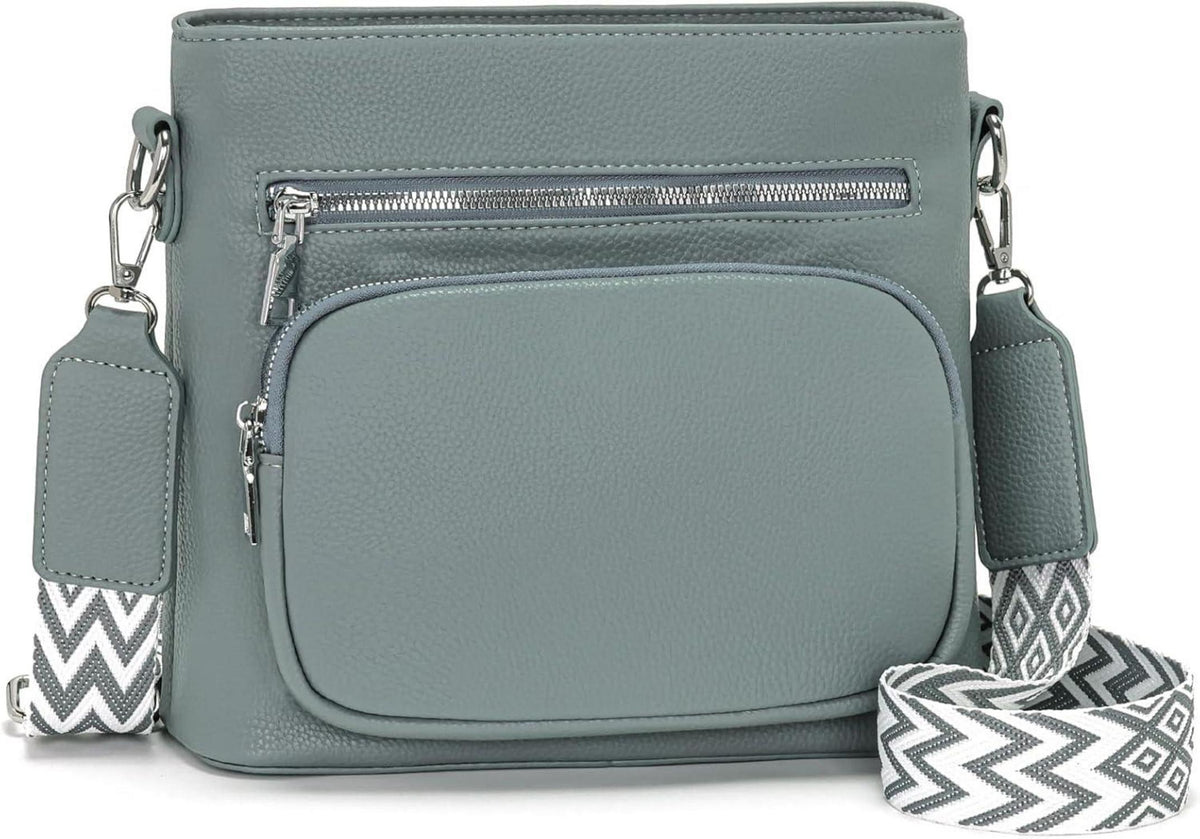 Umhängetasche Damen Mittelgroß Veganes Leder Crossbody Graublau