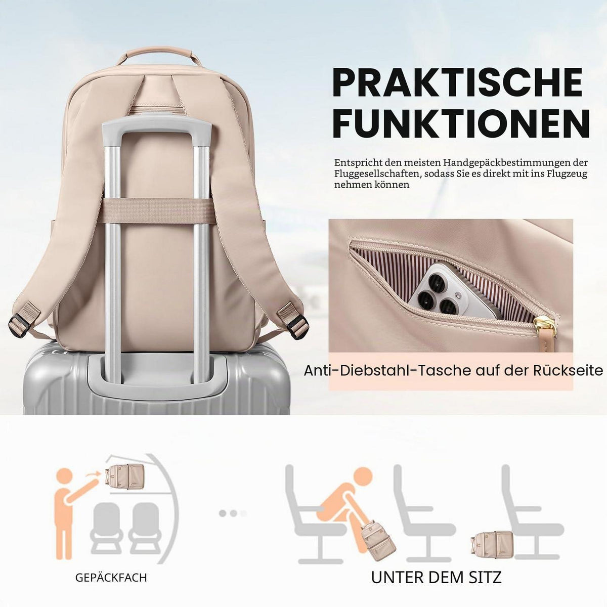 Laptop Rucksack Damen Wasserdicht 15.6 Zoll Schulrucksack Beige