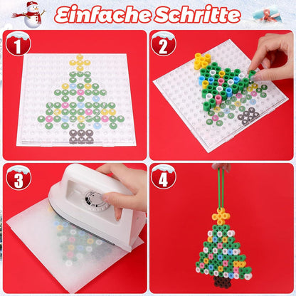 XL Weihnachten Bügelperlen Set - 1000 Stück, 12 Muster, Platten, Bügelpapier