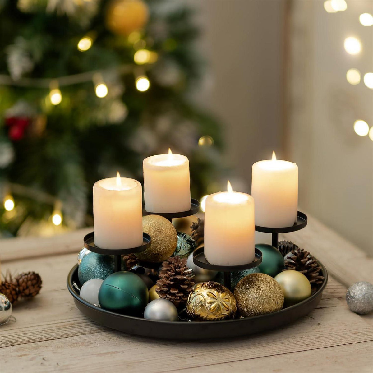Moderner Adventskranz Metall Schwarz 30cm Rund Tablett