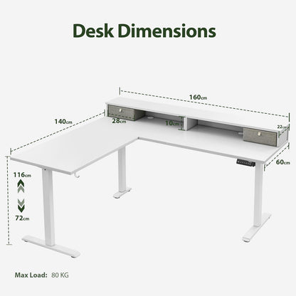 Elektrischer L-förmiger Stehschreibtisch mit 2 Schubladen, 160 cm