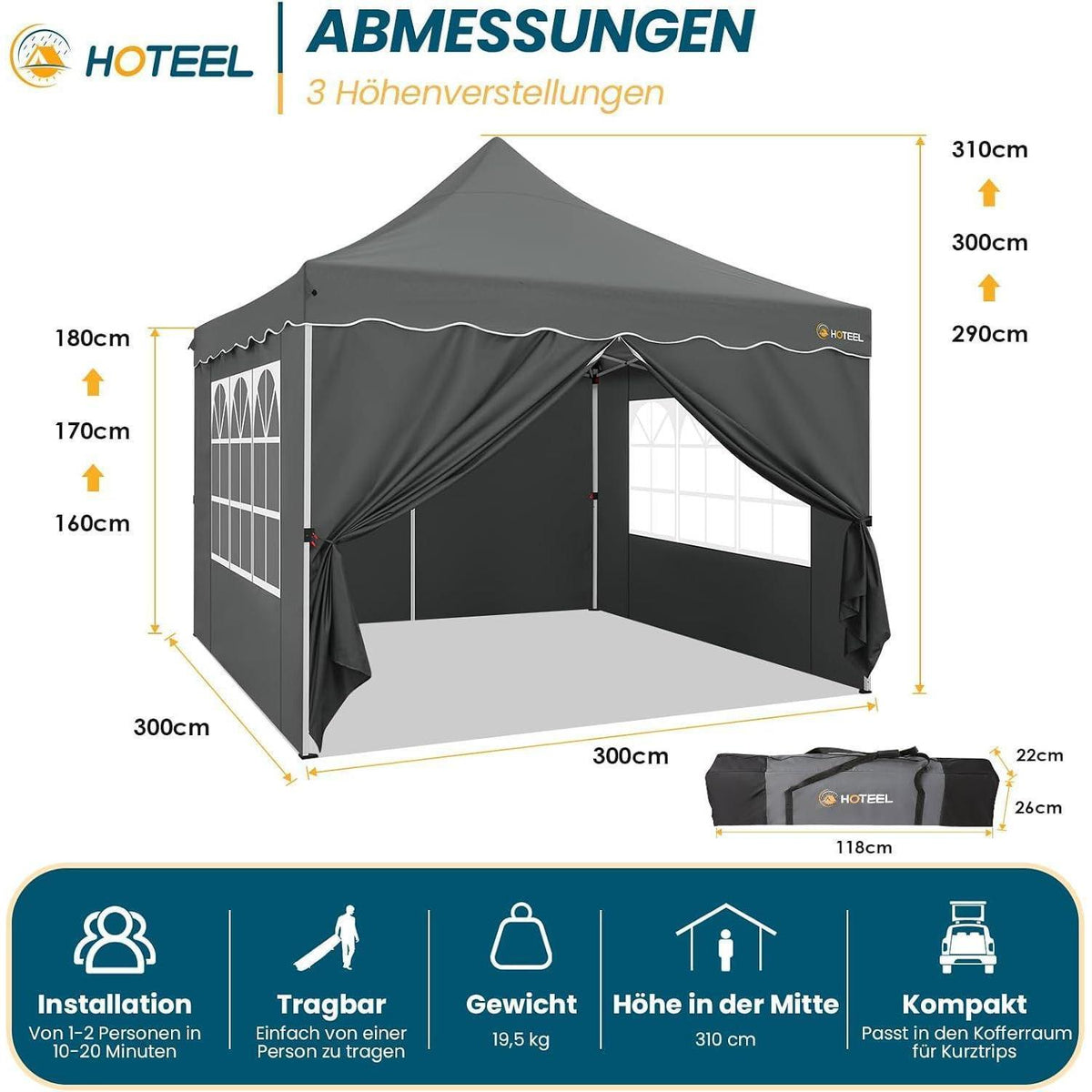 3x3m Faltpavillon wasserdicht mit Seitenwänden & Sandsäcken