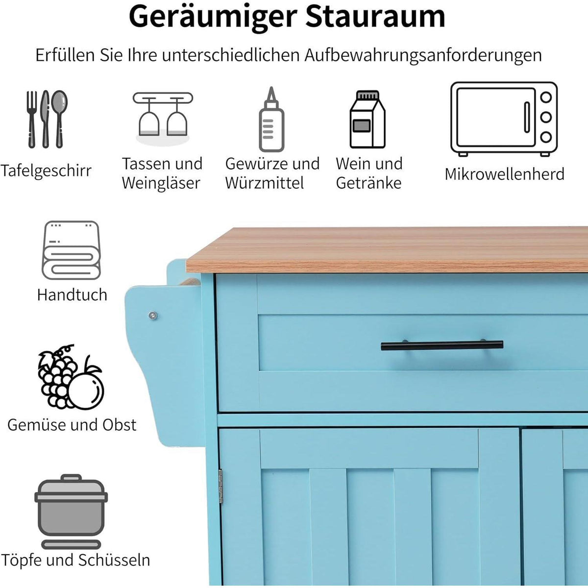 Kücheninsel freistehend mit Klappplatte & Rollen – Blau