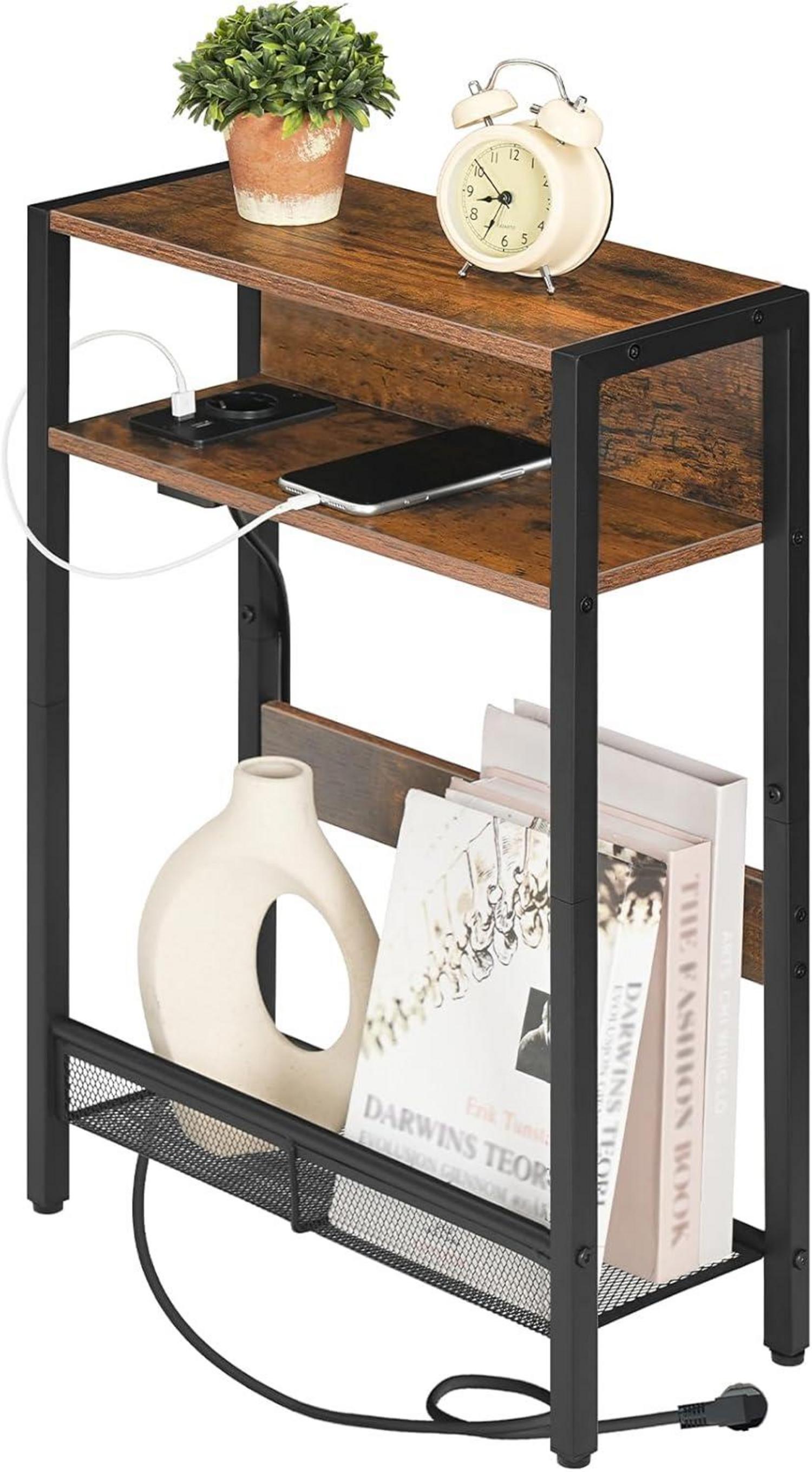 Beistelltisch mit Ladestation, Nachttisch Holz Metallregal