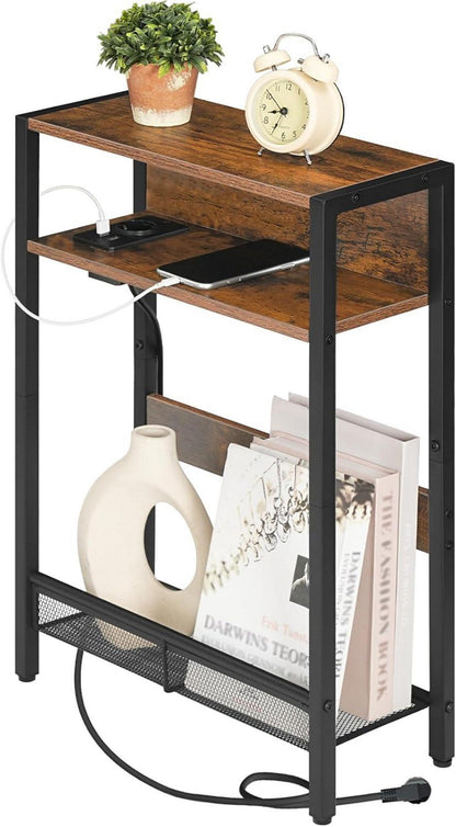 Beistelltisch mit Ladestation, Nachttisch Holz Metallregal