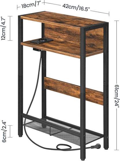 Beistelltisch mit Ladestation, Nachttisch Holz Metallregal