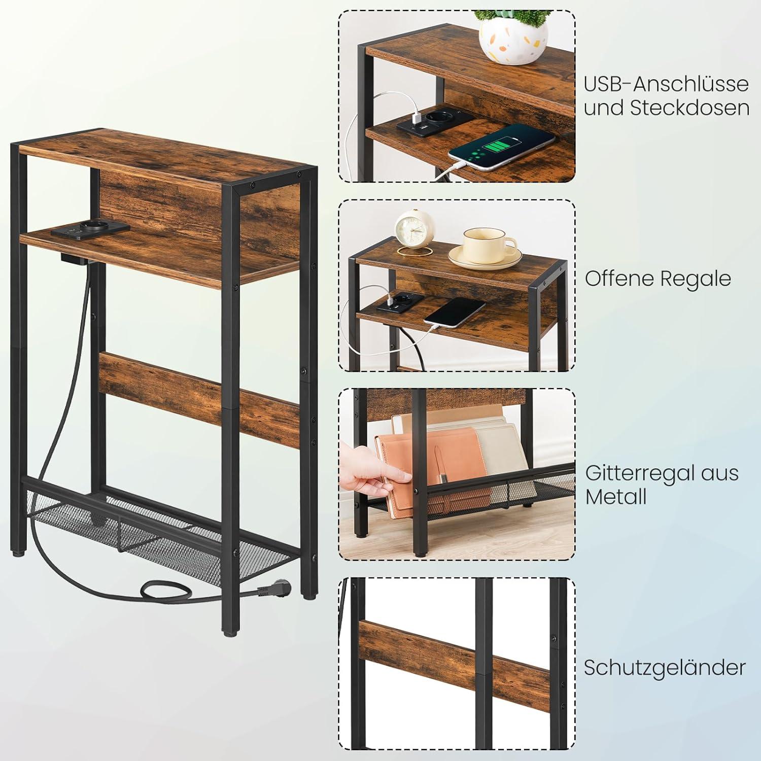 Beistelltisch mit Ladestation und 2 Holzplatten Vintagebraun/Schwarz