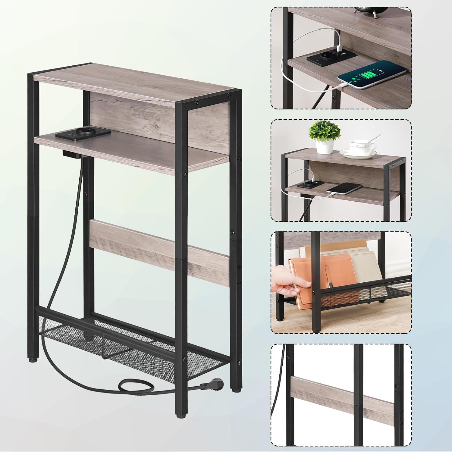 Beistelltisch mit Ladestation 3-stufiger Nachttisch Holz Metall Greige Schwarz