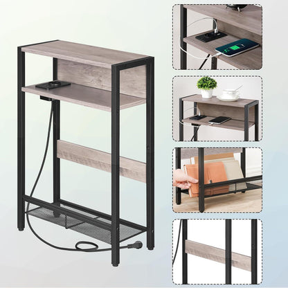 Beistelltisch mit Ladestation 3-stufiger Nachttisch Holz Metall Greige Schwarz
