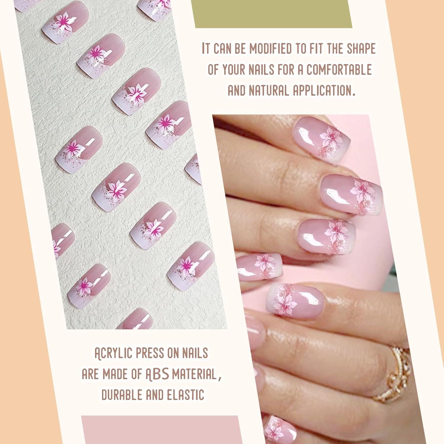 24 Stück Blumen Design Press On Nails Fake Nägel Kurz Quadrat